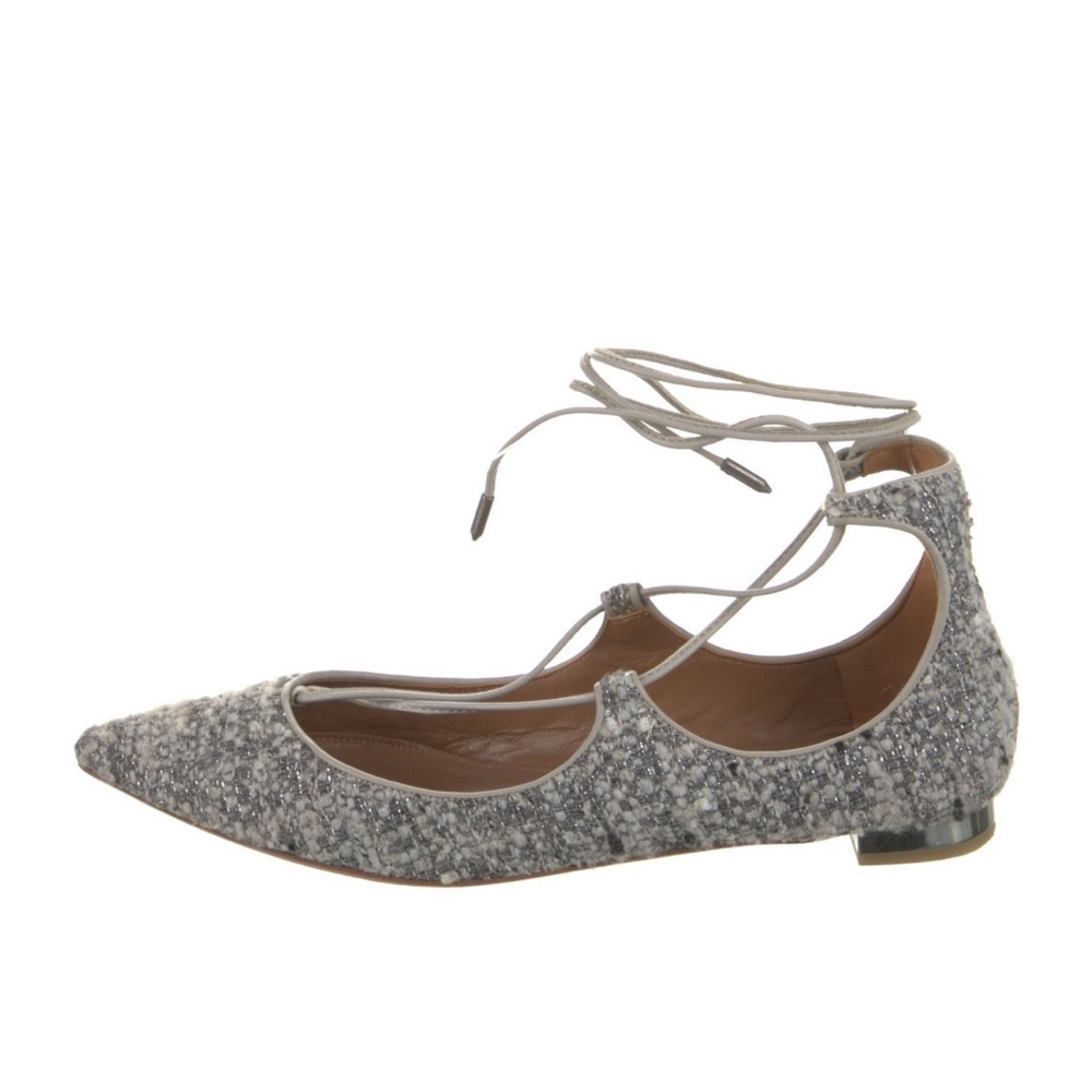 Aquazzura Christy Tweed Lace Up Ballet Flats Pointed Toe